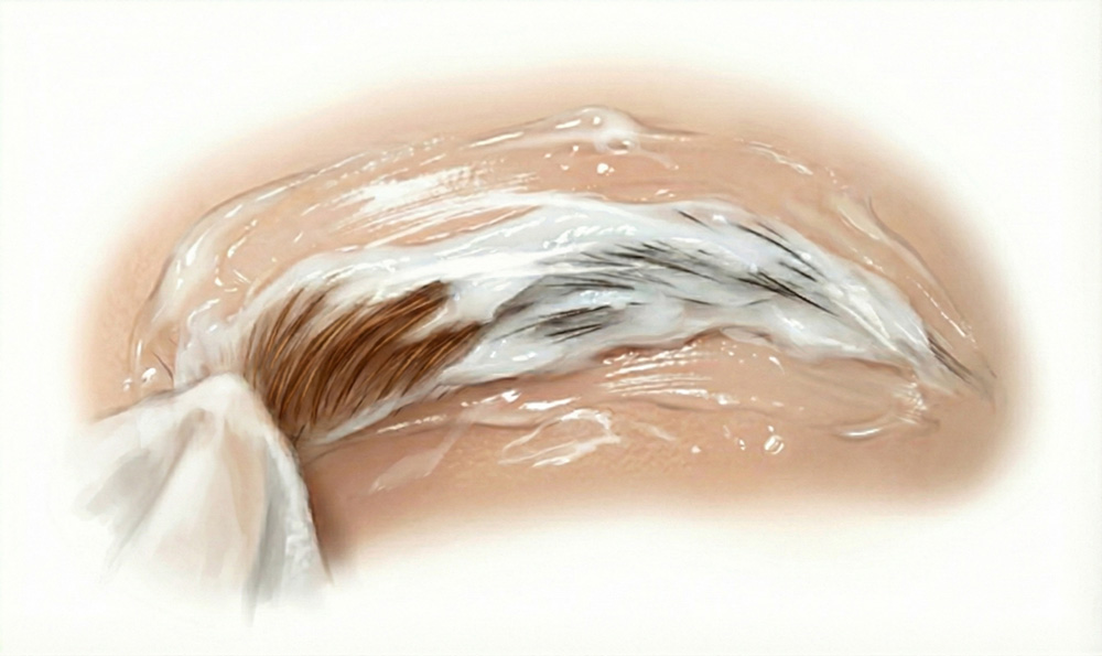 ラップを外して薬剤を一部拭き取って様子を見る　ジョレンの脱色イメージ